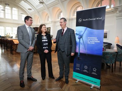 Ambroise Wattez Niamh Kenny and Minister Edwin Poots just before the announcement of the North Wind Channel project in the Titanic Hotel Belfast
